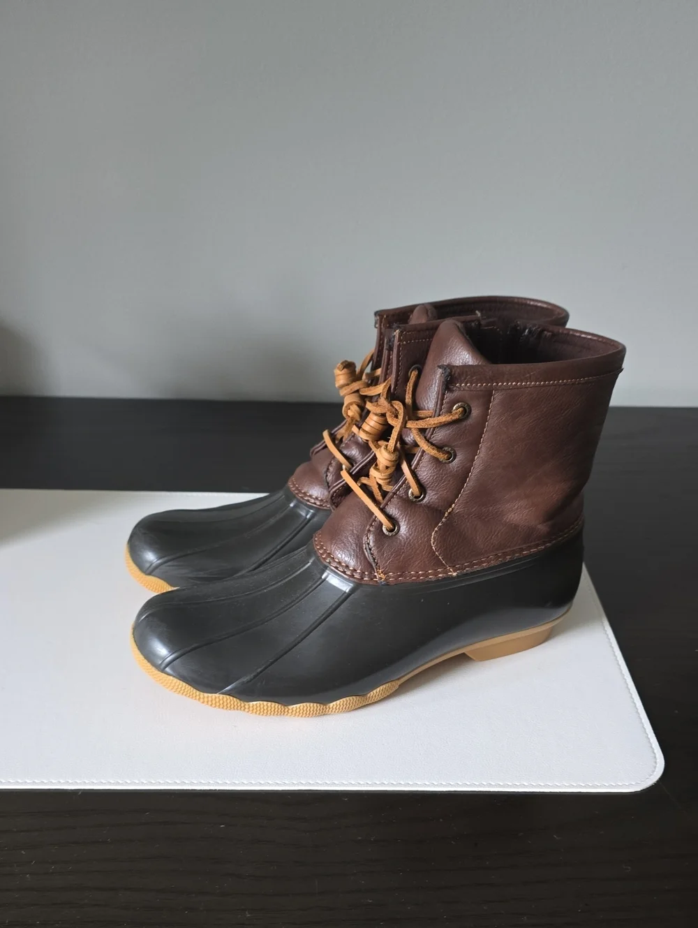 Girls Sperry Saltwater Brown Leather and Black Rubber Duck Boots